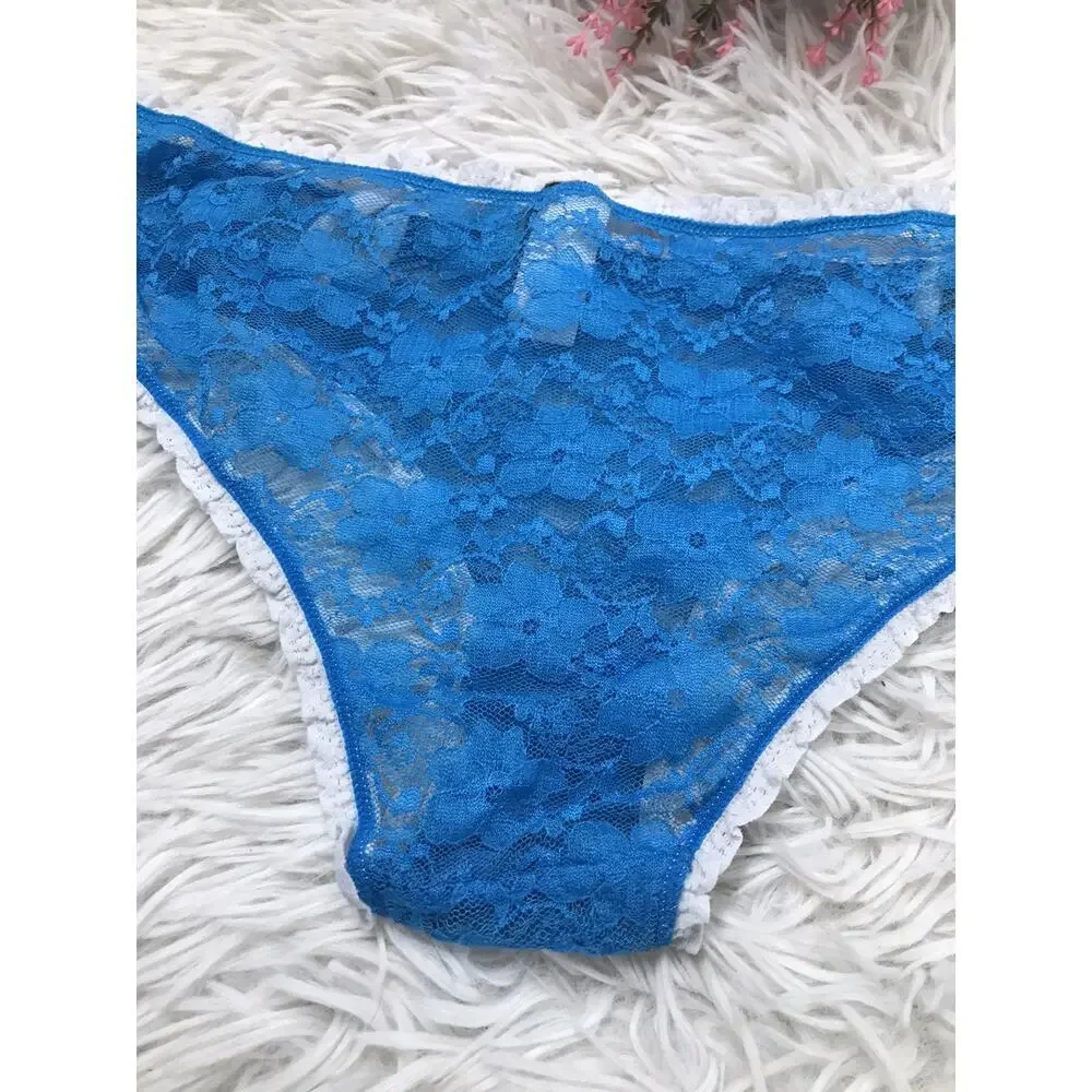 VINTAGE RARE FREDERICK'S OF HOLLYWOOD X-LARGE BLUE FLORAL LACE THONG PANTIES
